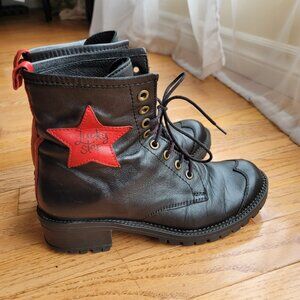 Leather Lucky Star Combat Boots W6.5 Red Black Brogue Toe